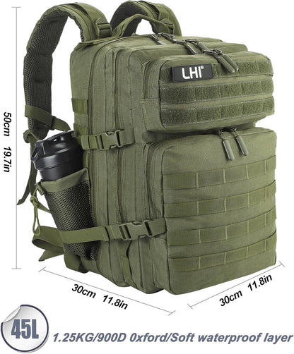 LHI Military Tactical Backpack for Men and Women 45L Army 3 Days Assault Pack Bag Large Rucksack with Molle System - Green