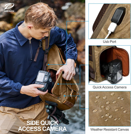 Padwa Lifestyle Khaki Camera Backpack - Weather Resistant Waxed Memory Canvas Camera Backpacks for Photographers,Multi DSLR SLR Camera Bag with 16” Laptop & Lens Compartment and Tripod Holder