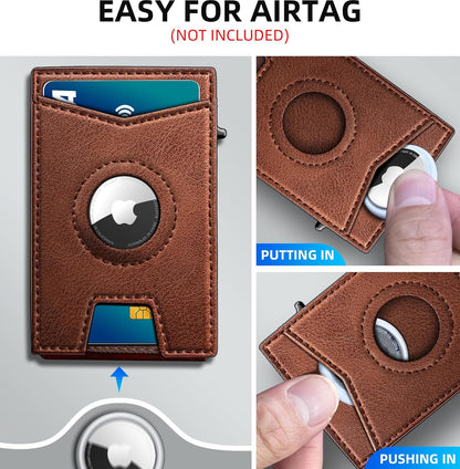 Airtag Wallet for Men,with Money Clip Gift Boxed,Slim Front Pocket Wallet RFID Blocking Metal Case Smart Pop-up Credit Card Holder in Magnetic Leather Flip