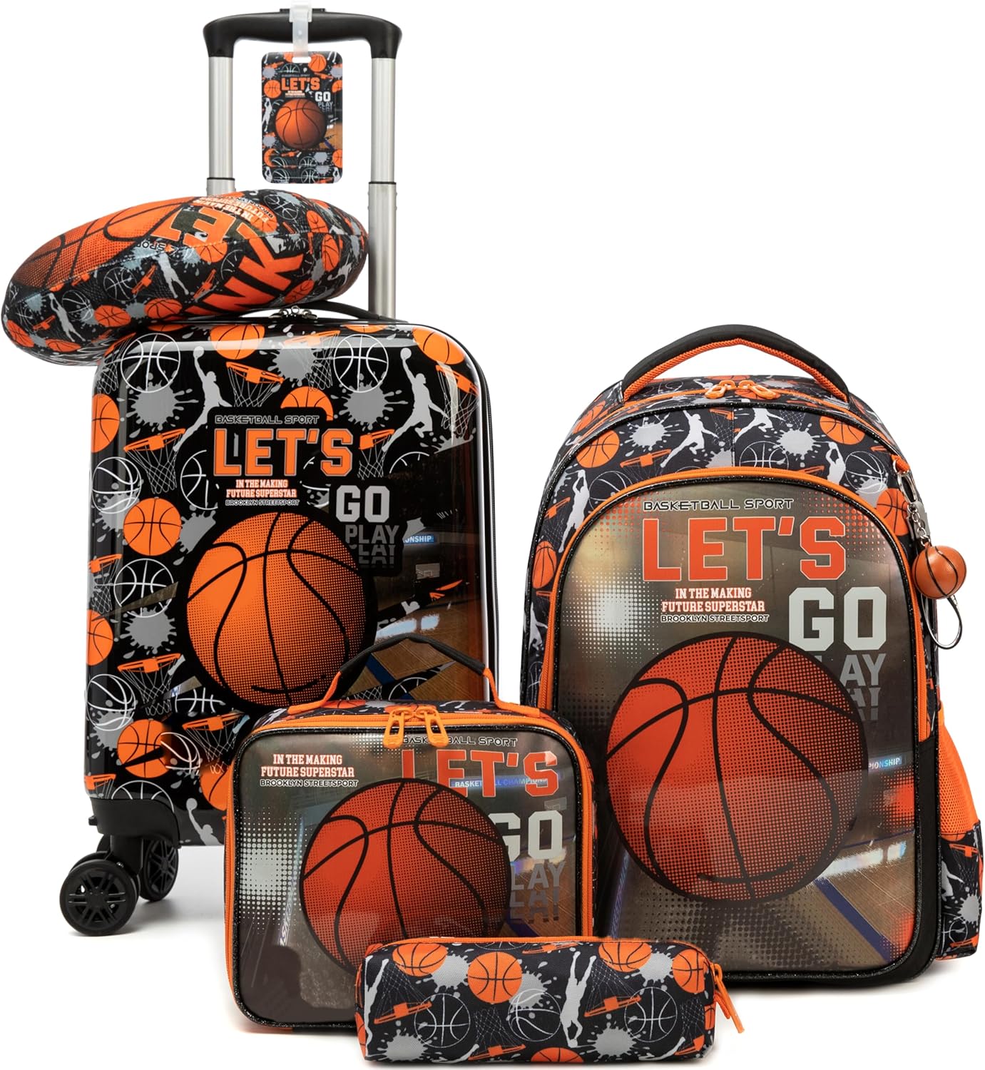 Kid’s Luggage Set 5 Piece Suitcase Set 16’’ Hardside Basketball Luggage with Spinner Wheels Boys Carry on Toddler Travel Rolling Suitcase Carry on Luggage Airline Approved