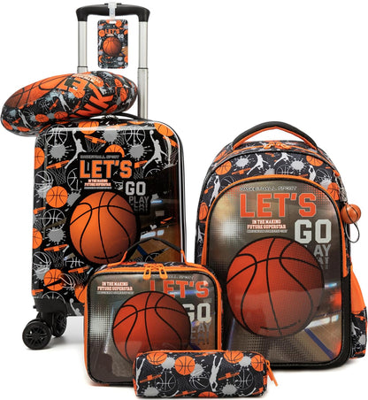 Kid’s Luggage Set 5 Piece Suitcase Set 16’’ Hardside Basketball Luggage with Spinner Wheels Boys Carry on Toddler Travel Rolling Suitcase Carry on Luggage Airline Approved