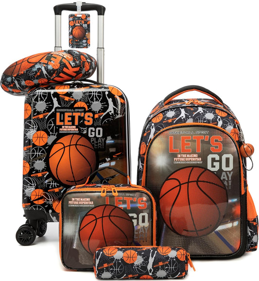 Kid’s Luggage Set 5 Piece Suitcase Set 16’’ Hardside Basketball Luggage with Spinner Wheels Boys Carry on Toddler Travel Rolling Suitcase Carry on Luggage Airline Approved