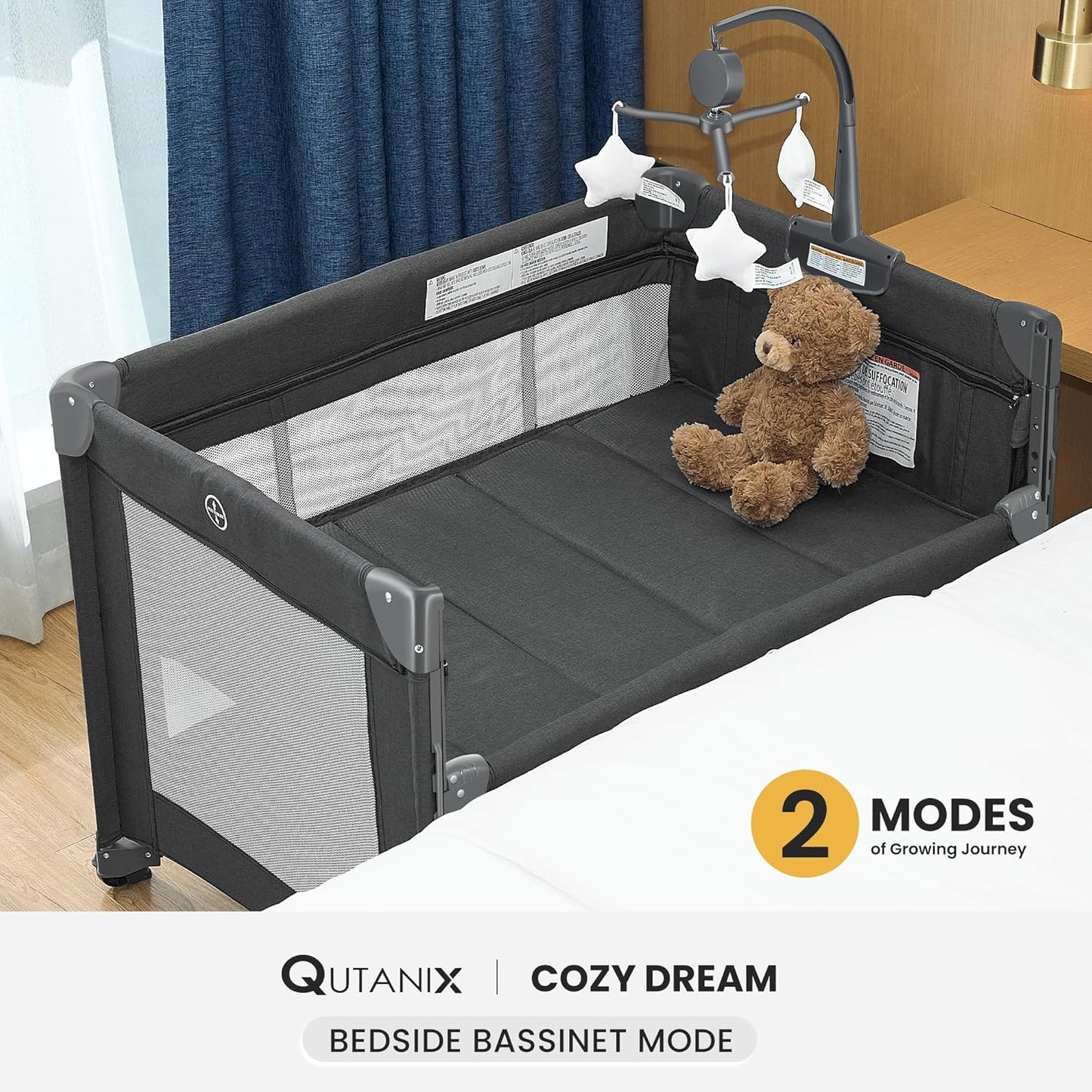 2-in-1 Pack and Play with Mattress,Baby Bassinet Bedside Sleeper, Bedside Bassinet & Baby Playpen, Easy Folding Portable Crib for Newborn to Toddlers (Dark Grey)