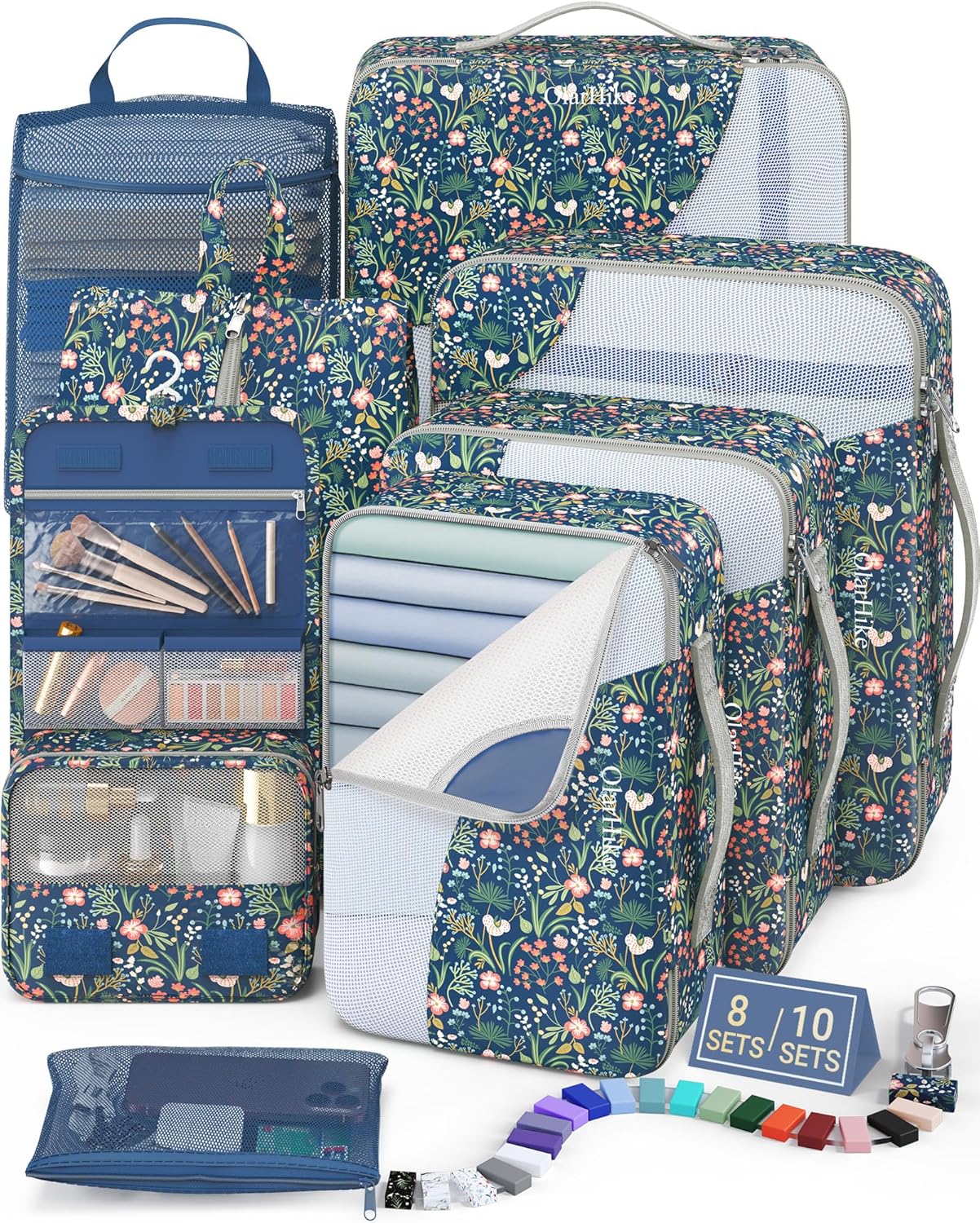 8 Set Packing Cubes for Travel,Gifts for Women Mom,Anti-Tearing Suitcase Organizer for Luggage with Shoe & Hanging Toiletry Bag,Vacation Essentials & Accessories for Cruise Ship,Dark Blue Floral