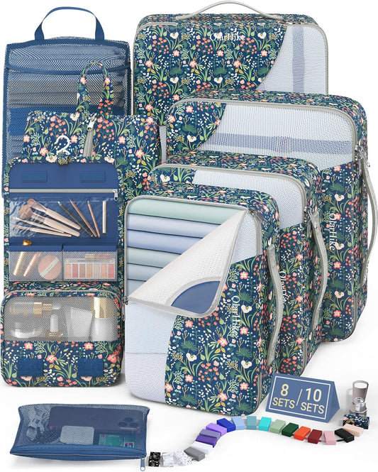 8 Set Packing Cubes for Travel,Gifts for Women Mom,Anti-Tearing Suitcase Organizer for Luggage with Shoe & Hanging Toiletry Bag,Vacation Essentials & Accessories for Cruise Ship,Dark Blue Floral