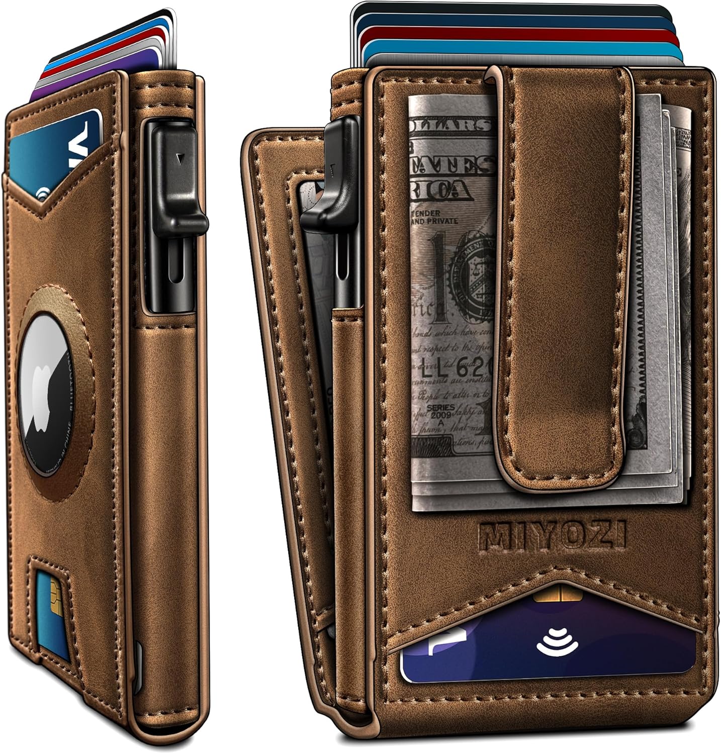 Airtag Wallet for Men,with Money Clip Gift Boxed,Slim Front Pocket Wallet RFID Blocking Metal Case Smart Pop-up Credit Card Holder in Magnetic Leather Flip