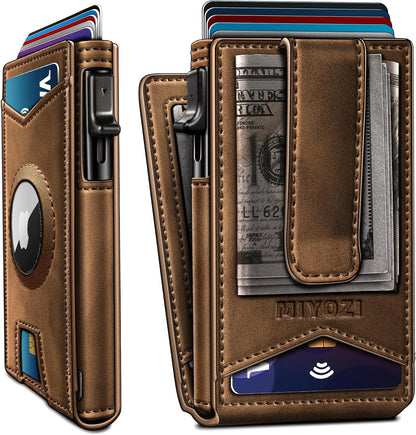 Airtag Wallet for Men,with Money Clip Gift Boxed,Slim Front Pocket Wallet RFID Blocking Metal Case Smart Pop-up Credit Card Holder in Magnetic Leather Flip