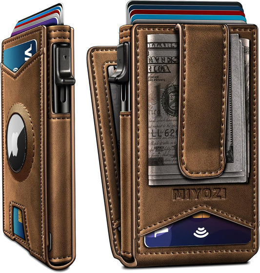 Airtag Wallet for Men,with Money Clip Gift Boxed,Slim Front Pocket Wallet RFID Blocking Metal Case Smart Pop-up Credit Card Holder in Magnetic Leather Flip