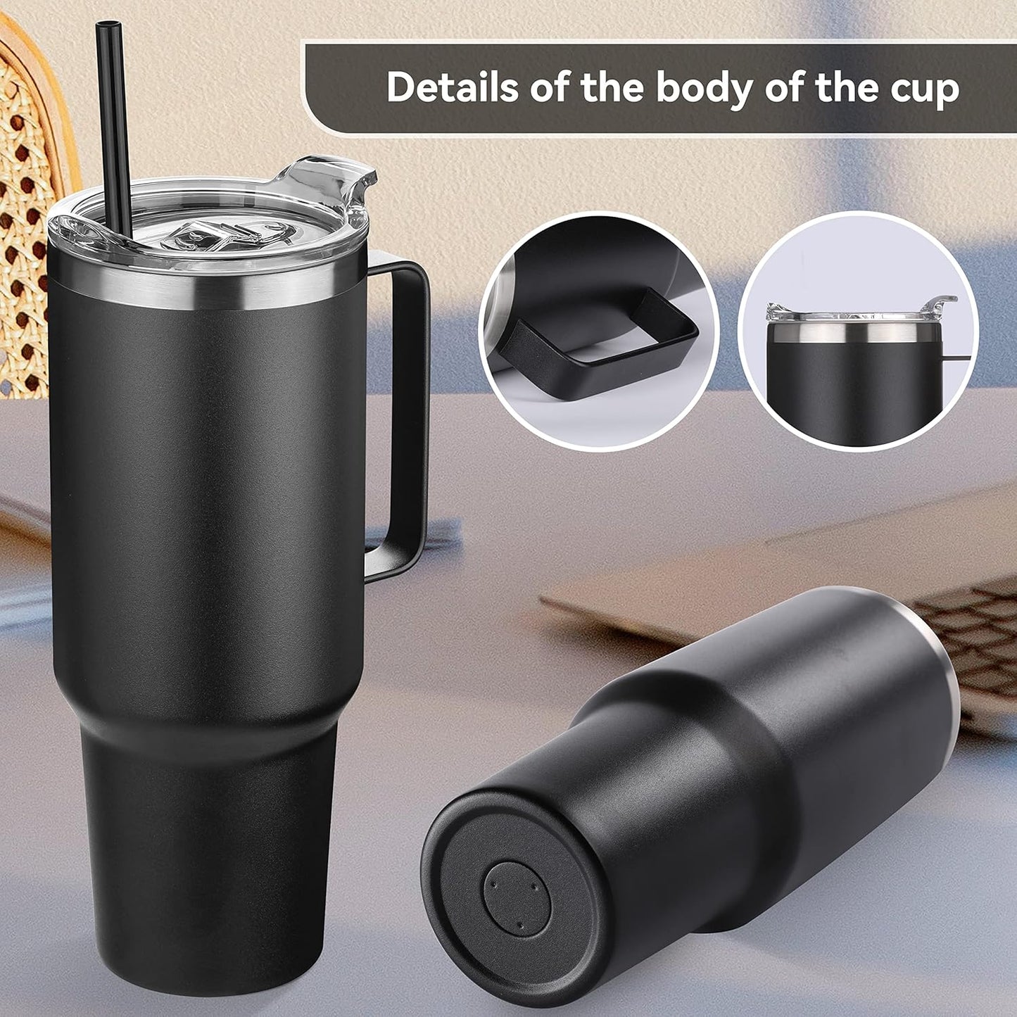 HASLE OUTFITTERS 40 oz Stainless Steel Tumbler with Handle, Vacuum Insulated Tumblers Bulk, Reusable Double Wall Travel Coffee Mug, Durable Powder Coated Water Bottles(Black, 8)