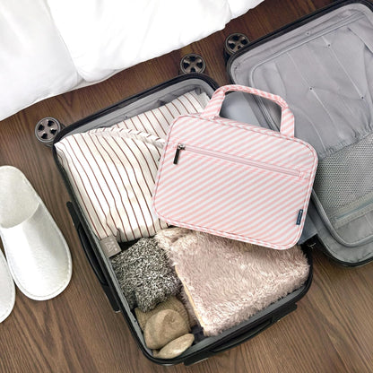 PAVILIA Hanging Toiletry Bag Travel Bag Women Men, Foldable Cosmetic Organizer, Roll up Makeup Bag, Water Resistant Accessories Toiletries, Large Travel Essentials Kit (Pink Stripe)