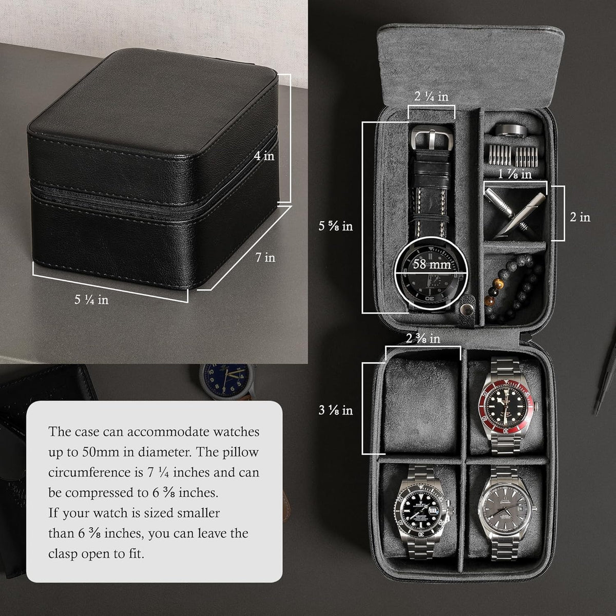 ROTHWELL 5 Watch Travel Case Storage Organizer for 5 Watches | Tough Portable Protection w/Zipper Fits All Wristwatches & Smart Watches Up to 50mm (Black/Grey)
