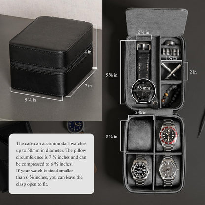 ROTHWELL 5 Watch Travel Case Storage Organizer for 5 Watches | Tough Portable Protection w/Zipper Fits All Wristwatches & Smart Watches Up to 50mm (Black/Grey)