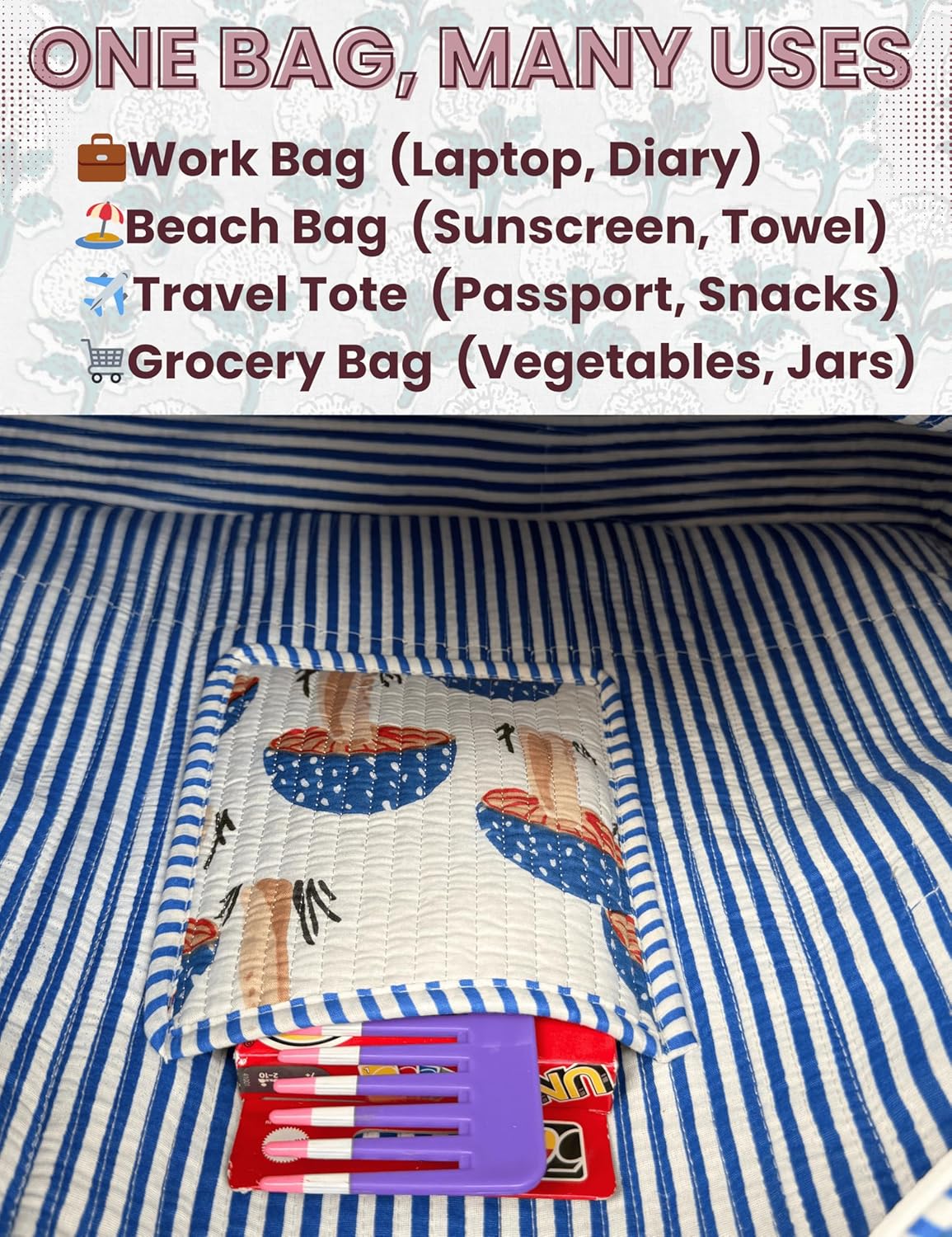 Cotton Quilted Tote Bag for Women – Large Beach & Travel Tote with Zipper, Reusable Grocery Bag