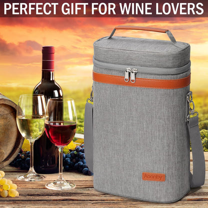 2 Bottle Wine Bag Wine Cooler Carrier Wine Gift Tote Bag, Leakproof & Insulated Bottle Bags for Travel, BYOB, Beach, Dinner, Party, Christmas Gifts for Wines Lovers Women Men - Gray