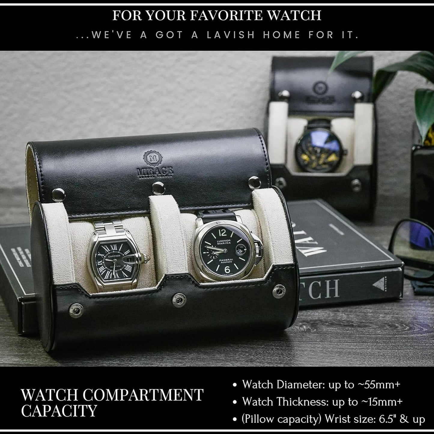 2 Watches Travel Case for Men - Mirage Watch Roll - Jade Black/Ivory White Vegan Leather