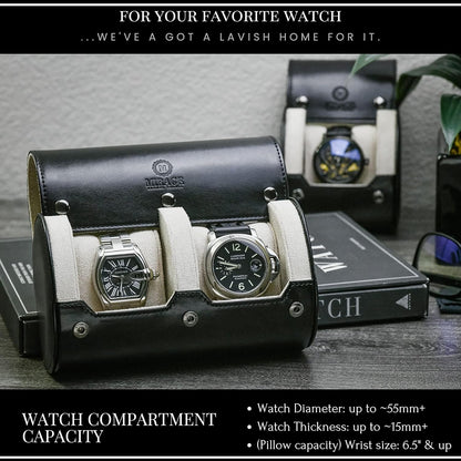 2 Watches Travel Case for Men - Mirage Watch Roll - Jade Black/Ivory White Vegan Leather
