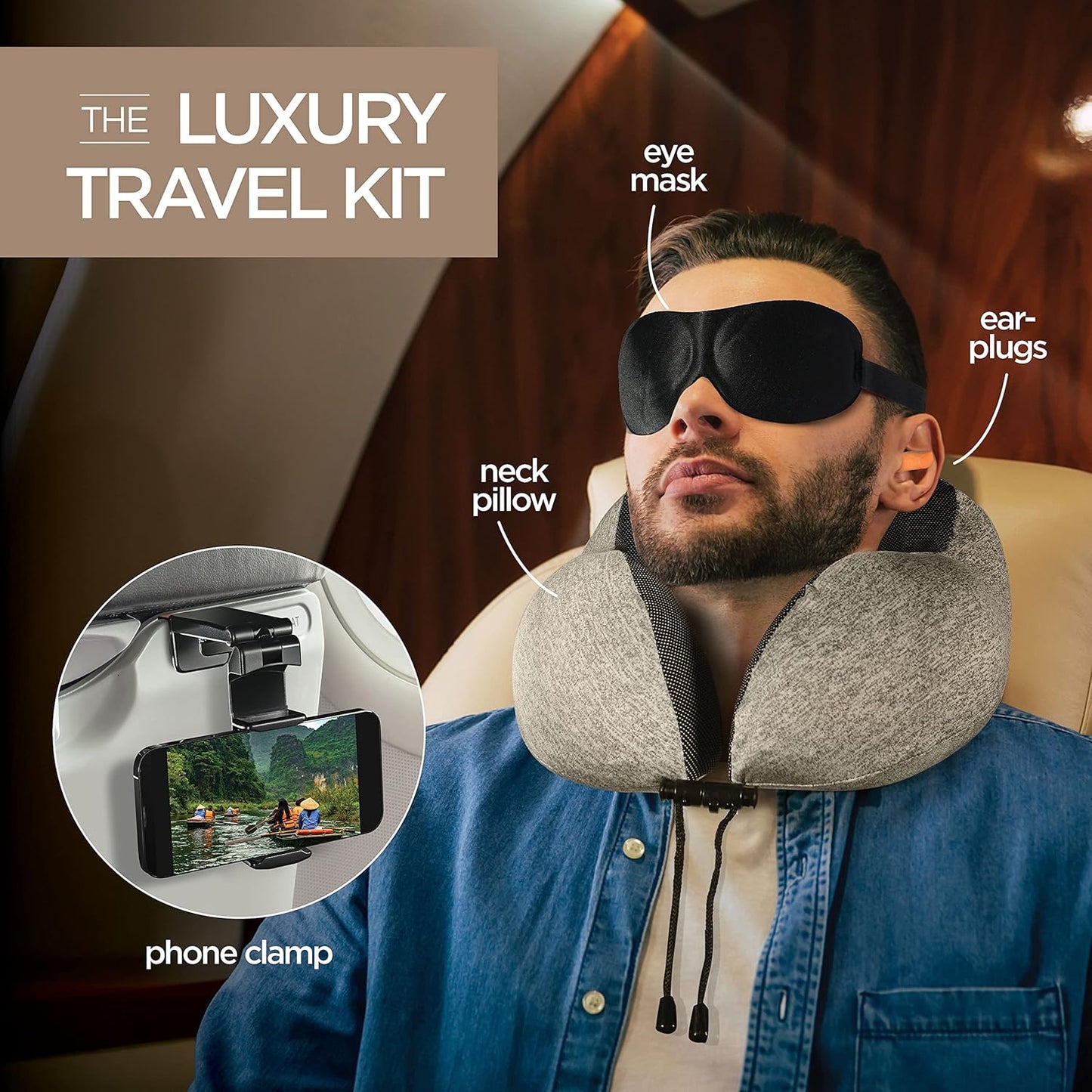 Airplane Neck Pillow Includes Travel Pillow + Airplane Phone Holder Mount + Eye Masks + Earplugs for Travel, 100% Pure Memory Foam Travel Pillow, 4 Pc Travel Kit, 2 Pack