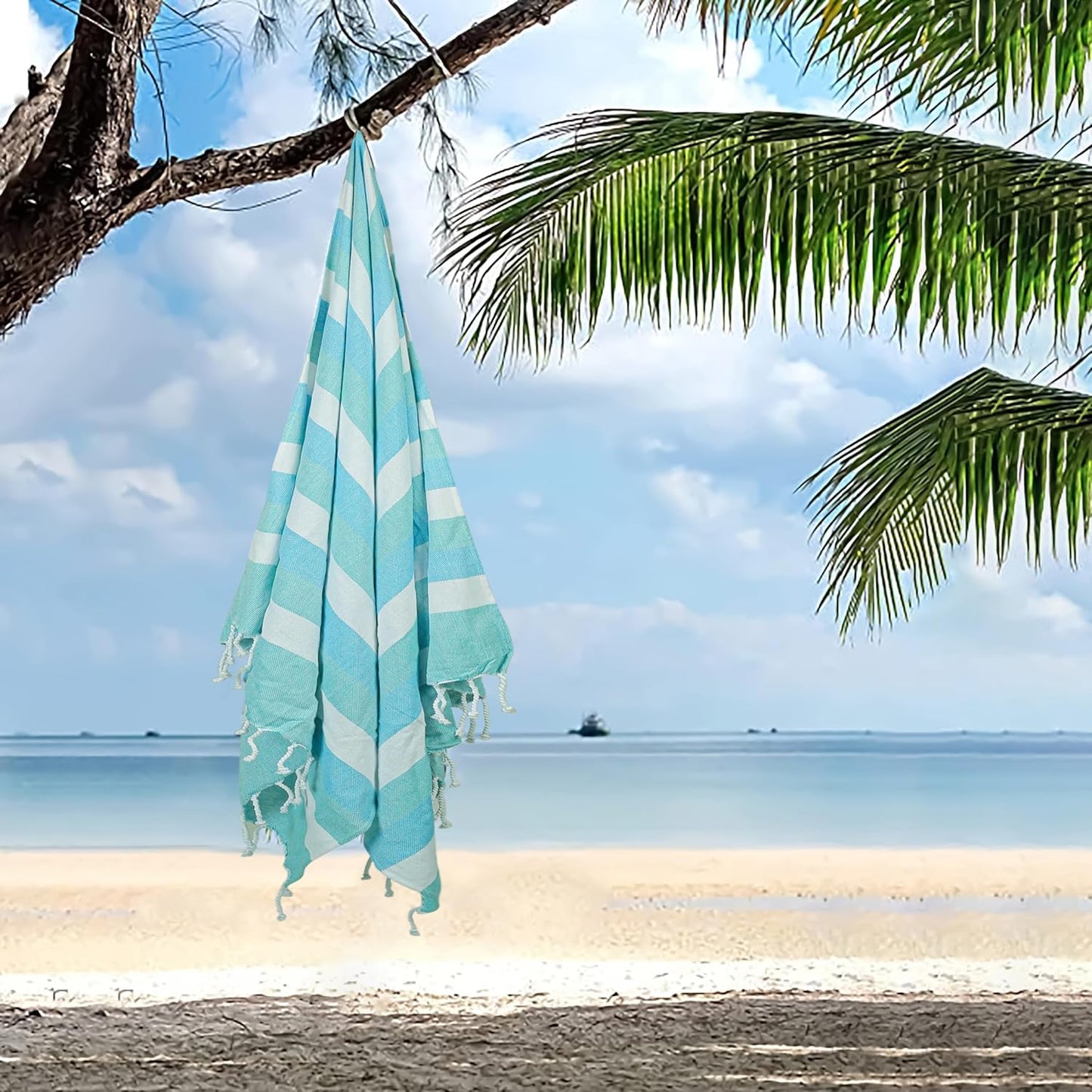 HILLFAIR Cotton Turkish Beach Towels, Quick Dry Lightweight Sand Free Peshtemal Towel for Bath Swim Yoga Spa Travel, Beach Accessories, Oversized Cotton Turkish Towels (39 x 72 inch- 4 Pack Sea)