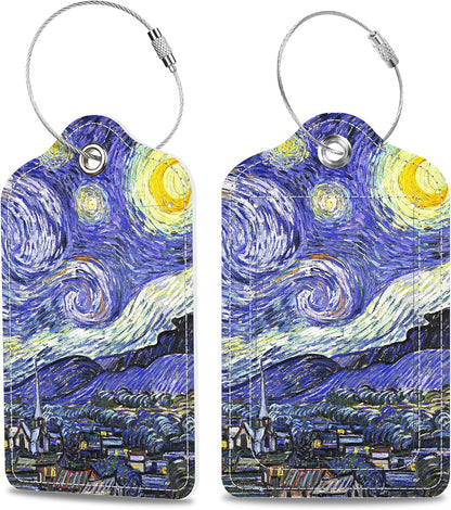 2 Pack Luggage Tags for Suitcase The Starry Night Leather Stainless Steel Loop Label Tags for Women Men Travel Bag Suitcase with Privacy Cover Name ID Card