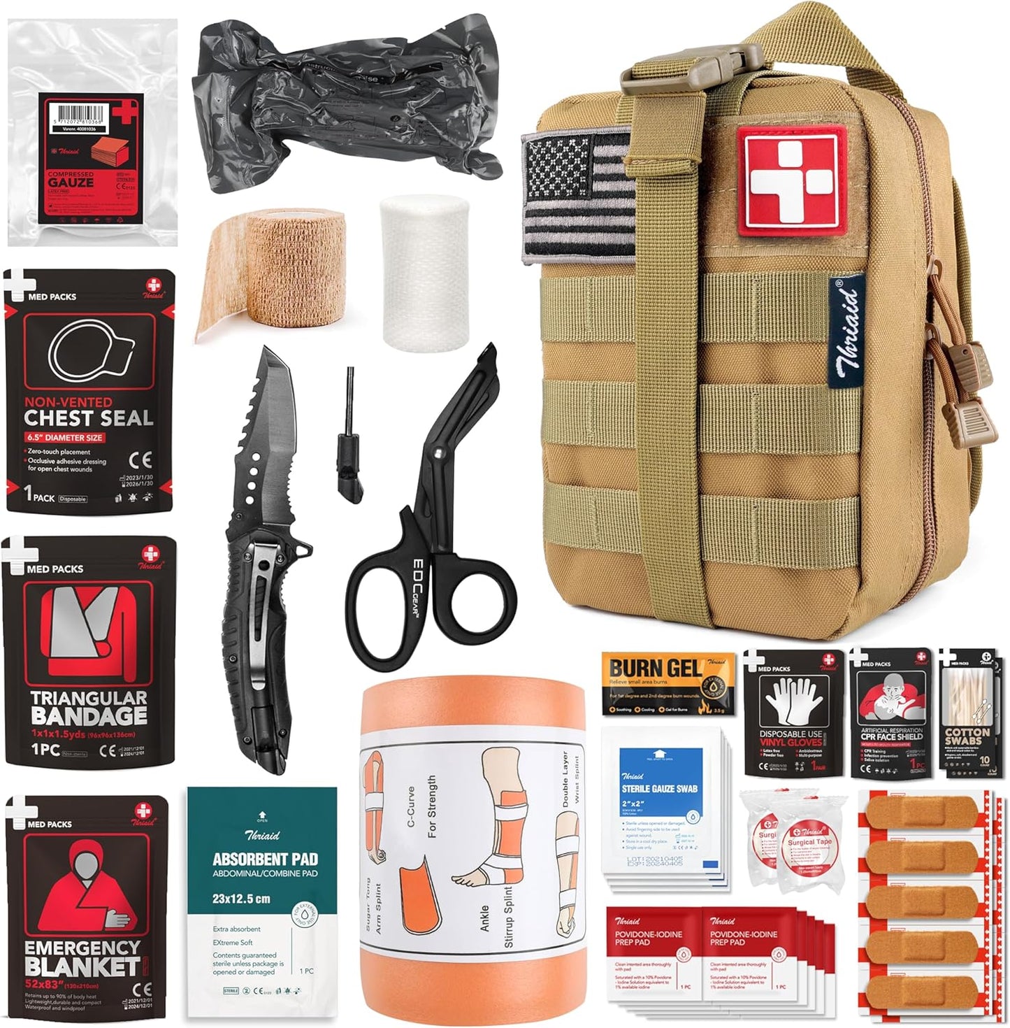 Survival First Aid Kit with Israeli Bandage, Splint, Chest Seal, Tactical Military Combat Molle IFAK for Wound Care, Bleeding Control, Trauma Hemorrhage and More