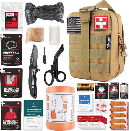Survival First Aid Kit with Israeli Bandage, Splint, Chest Seal, Tactical Military Combat Molle IFAK for Wound Care, Bleeding Control, Trauma Hemorrhage and More