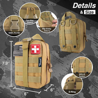 Survival First Aid Kit with Israeli Bandage, Splint, Chest Seal, Tactical Military Combat Molle IFAK for Wound Care, Bleeding Control, Trauma Hemorrhage and More