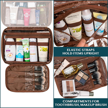 PAVILIA Hanging Toiletry Bag Women Men, Foldable Cosmetic Organizer Travel Bag, Water Resistant Makeup Bag Toiletries, Large Travel Essentials Kit (Brown)