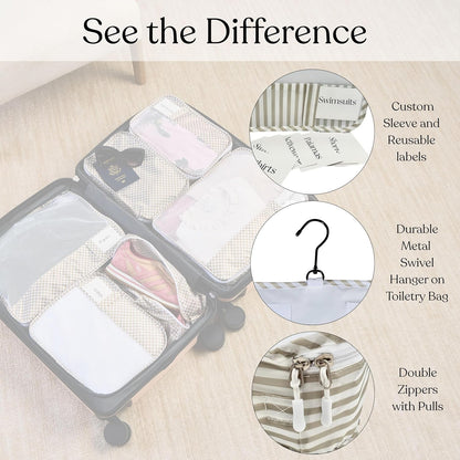 9 Set Packing Cubes - Suitcase Organizer, Cute Packing Cubes, Travel Bags Organizer for Luggage with Hanging Toiletry and Shoe Bag, Travel Essentials for Women, Men and Kids -Stripe