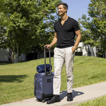 BlueHills Travel Blanket Pillow Rolled Premium Soft Plush Airplane Throw Traveling Essential Gift Compact in a Bag 70 X 48 inches Long Plane Flight Portable Lightweight Navy Blue R04