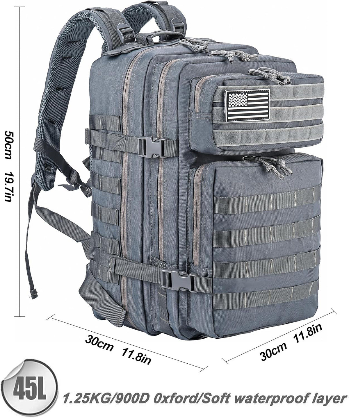 LHI Military Tactical Backpack for Men and Women 45L Army 3 Days Assault Pack Bag Large Rucksack with Molle System - Grey