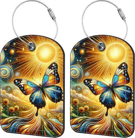 2 Pack Cute Luggage Tag for Suitcases Colorful Butterfly Leather Luggage Tags with Stainless Steel Loop Privacy Flap Name Tags,Men and Women Travel Bag Suitcase Tags