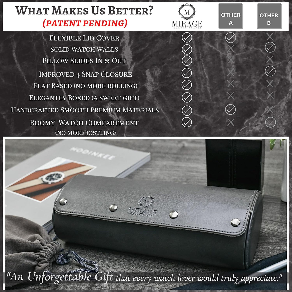 Watch Travel Case for Men - Mirage Watch Roll Storage and Display 3 slots - Slate Grey/Ivory White Interior Vegan Leather