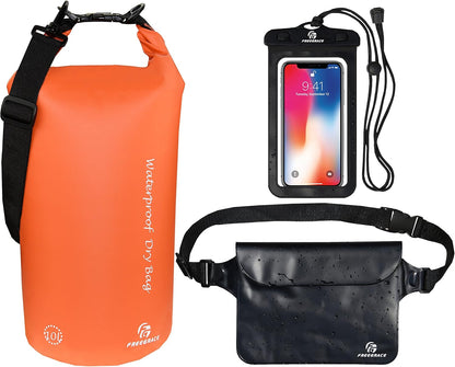 Freegrace Waterproof Dry Bags Set of 3 Dry Bag with 2 Zip Lock Seals & Detachable Shoulder Strap, Waist Pouch & Phone Case - Can Be Submerged Into Water - for Swimming (Orange, 10L)
