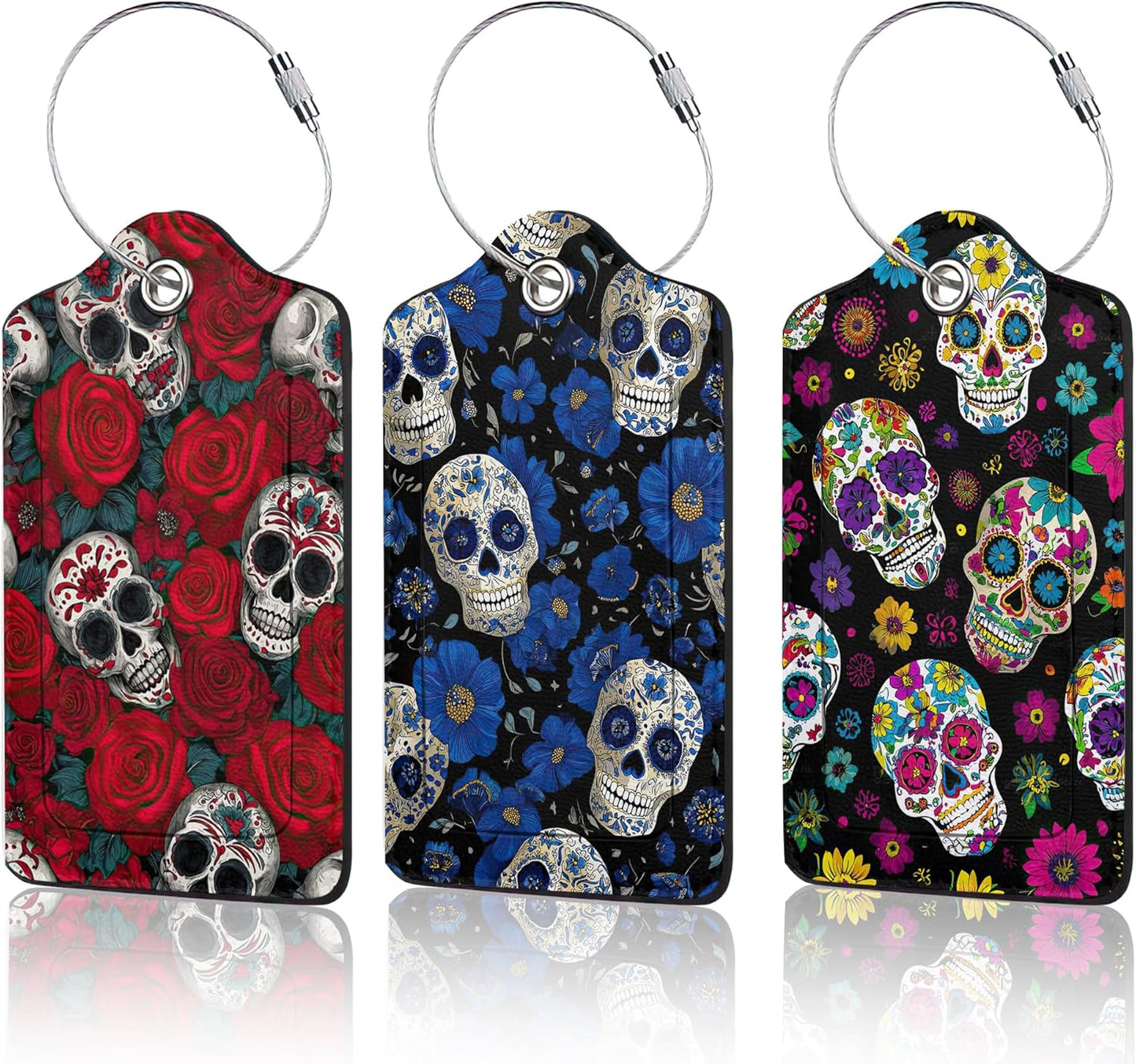 3 Pack PU Sugar Skull and Flowers Leahter Luggage Tag with Stainless Steel Loop,Travel Suitcase Labels with Privacy Cover ID Label Quickly Spot for Bags