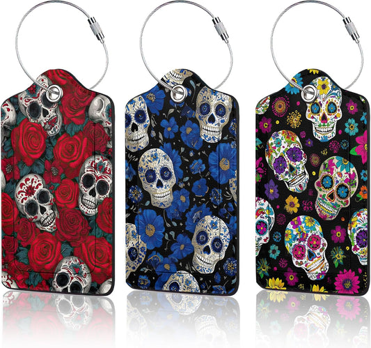 3 Pack PU Sugar Skull and Flowers Leahter Luggage Tag with Stainless Steel Loop,Travel Suitcase Labels with Privacy Cover ID Label Quickly Spot for Bags