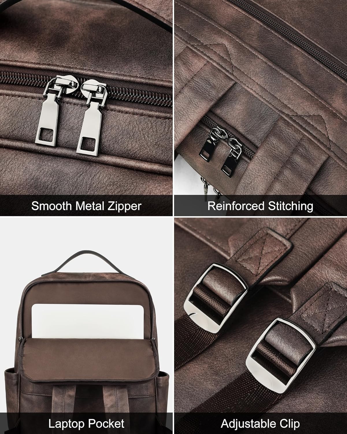 MASINTOR 15.6 inch PU Leather Laptop Backpack Purse for Women, Large College Casual Backpack Travel Bag Retro Coffee