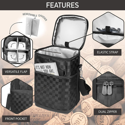 Opux 4 Bottle Insulated Wine Cooler Bag - Leakproof Padded Portable Wine Bottle Carrier for Travel Picnic, BYOB Gift (Black Square)