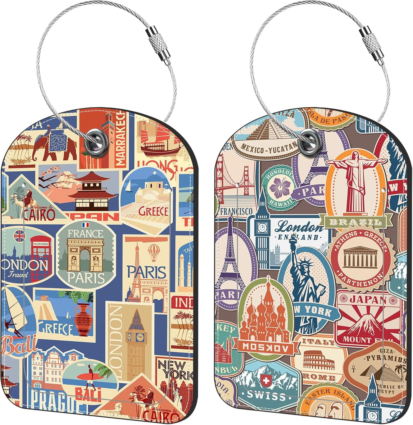 Travel Stamp Luggage Tag for Suitcase Set of 2 PU Leather Cute Luggage Tags with Stainless Metal Loop ID Label Privacy Flap Suitcase Tags for Women and Men Travel