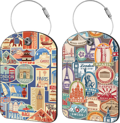 Travel Stamp Luggage Tag for Suitcase Set of 2 PU Leather Cute Luggage Tags with Stainless Metal Loop ID Label Privacy Flap Suitcase Tags for Women and Men Travel