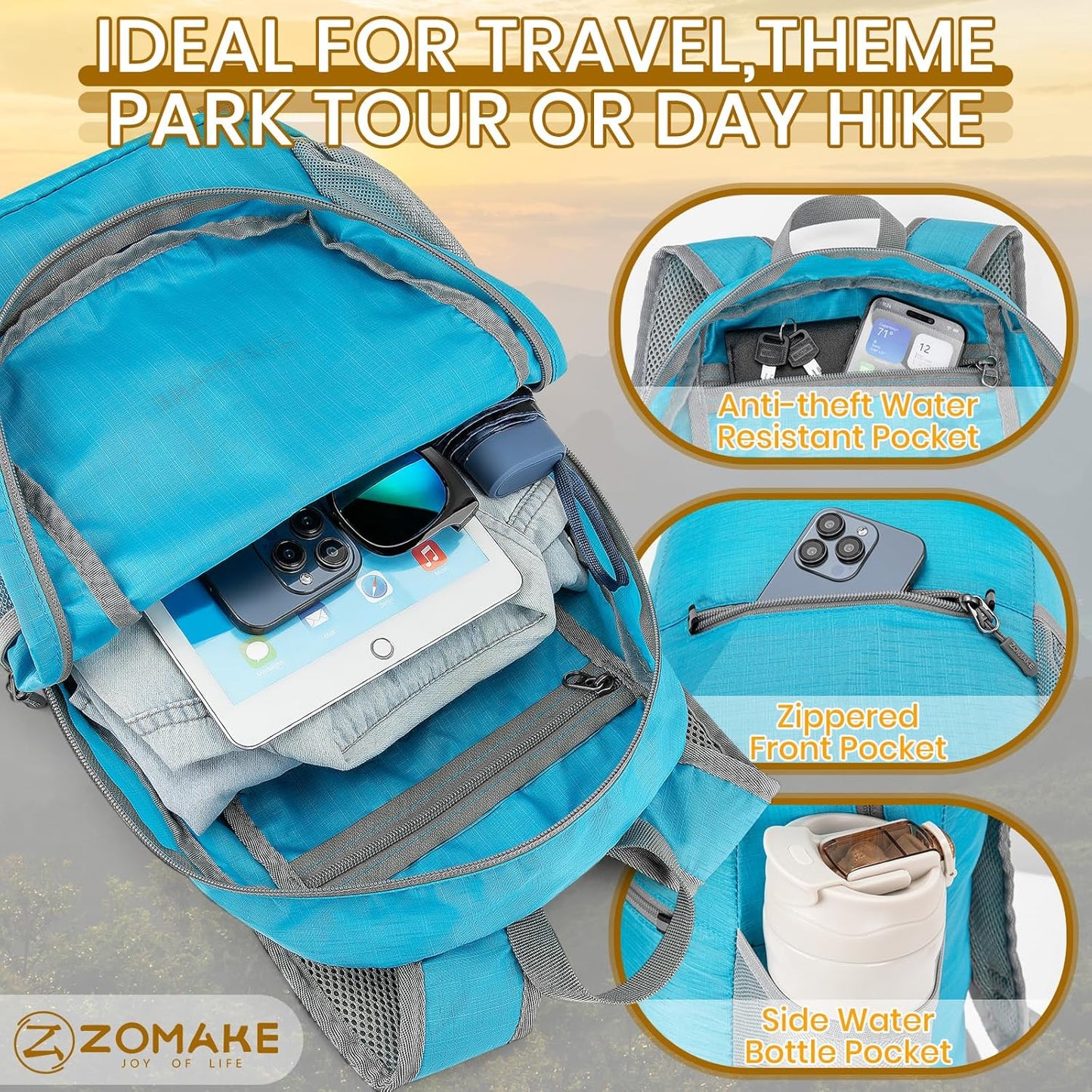 ZOMAKE Ultra Lightweight Hiking Backpack 20L - Packable Small Backpacks Water Resistant Daypack for Women Men(Azure Blue)