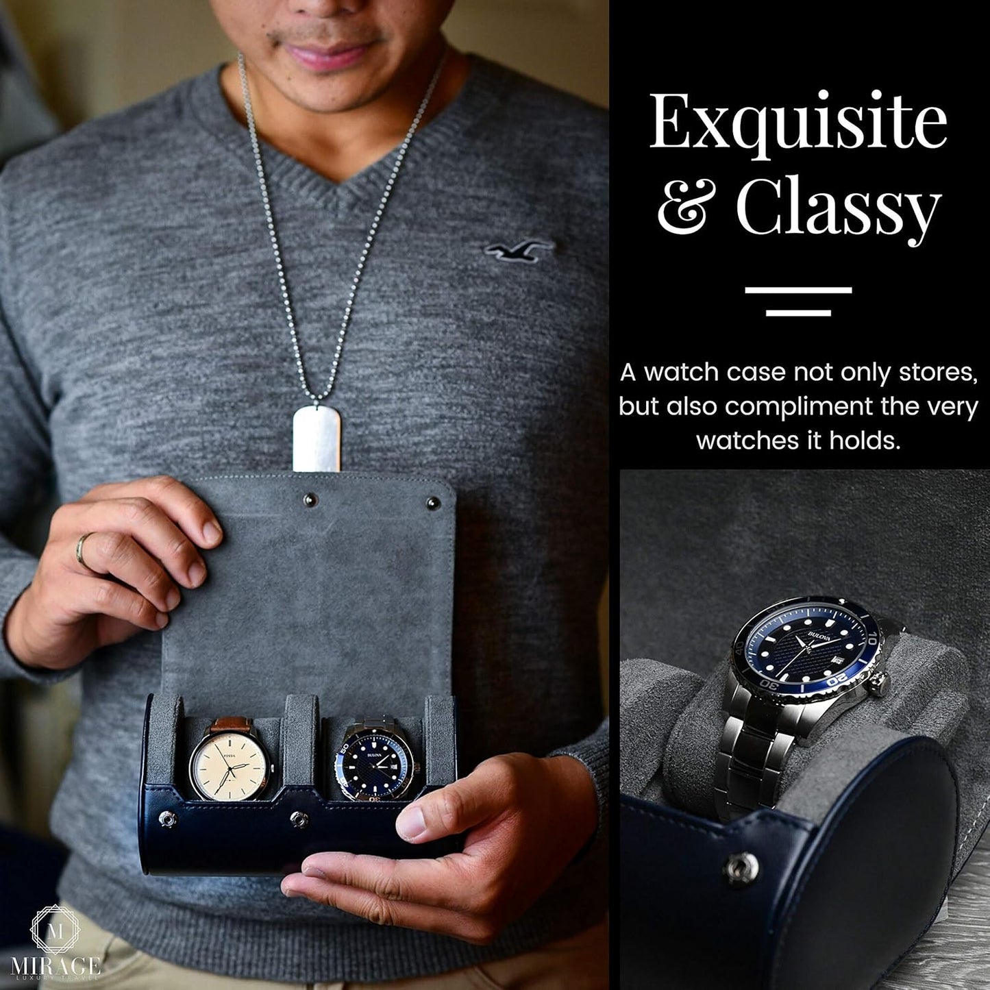 2 Watch Travel Case for Men – Watch Roll - Midnight Blue Vegan Leather