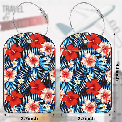 2 PCS Leather Luggage Tag for Suitcase Palm Leaves and Hibiscus Flower Travel Suitcase Labels with Privacy Name ID Label and Stainless Steel Loop for Adults Teens Travel Bag Labels Set