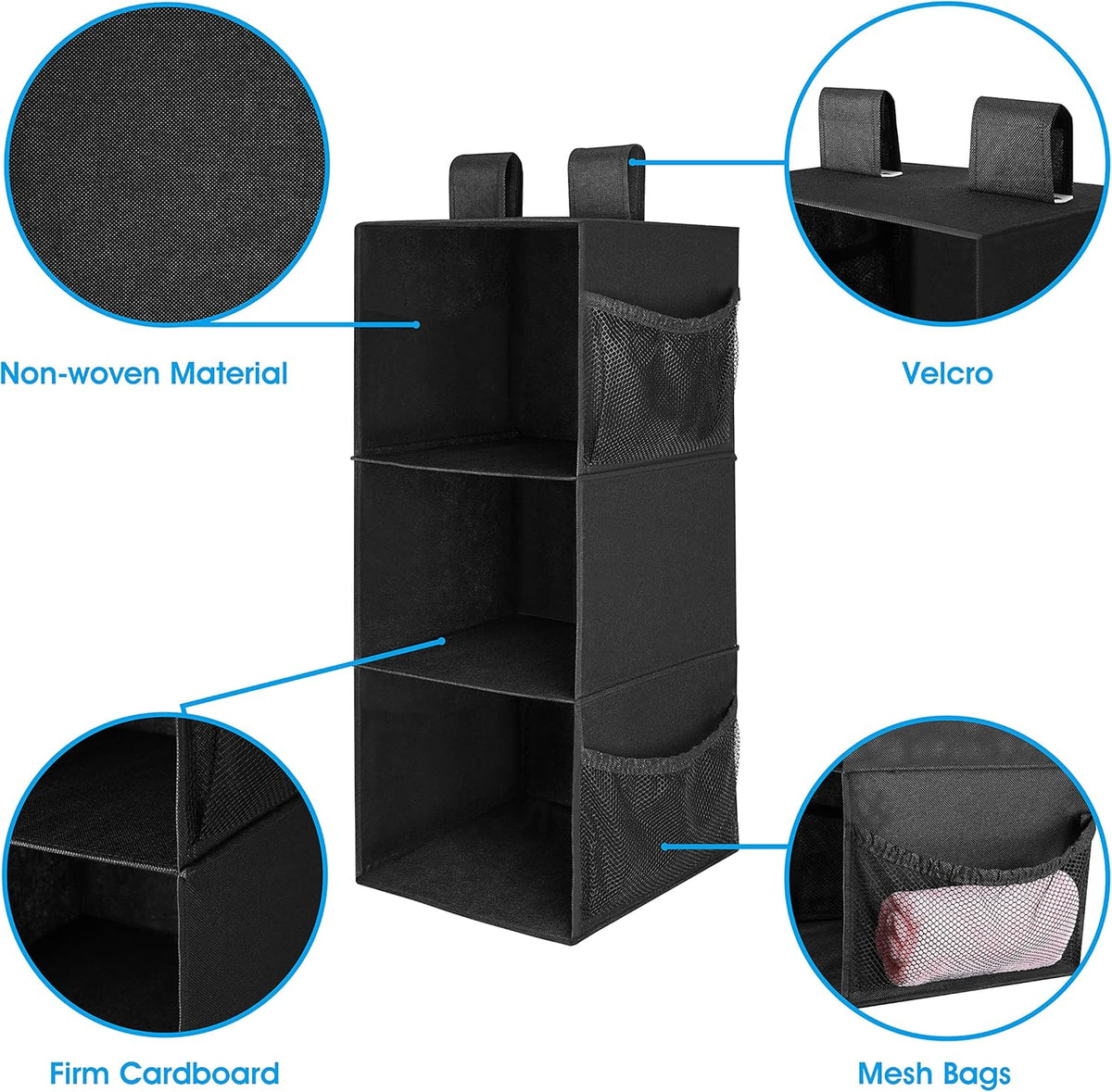 MAX Houser 3-Shelf Hanging Closet Organizers, Collapsible Closet Hanging Shelves for Camper, Nursery Hanging Organizers, Black, 2-Pack