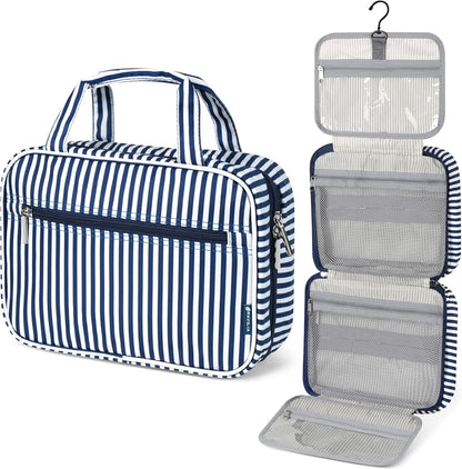 PAVILIA Hanging Toiletry Bag Travel Bag Women Men, Foldable Cosmetic Organizer, Roll up Makeup Bag, Water Resistant Accessories Toiletries, Large Travel Essentials Kit (Navy Stripe)