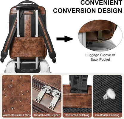 Vegan Leather Laptop Backpack for Women&Men,16 Inch Expandable Backpack with USB Charging Port,Two-toned Brown