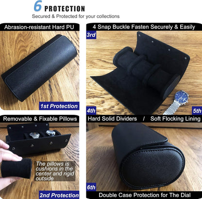 Longjet Watch Roll Travel Case for Men Portable Watches Organizer Box with Removable Velvet Pillow Holder (Black Cross)