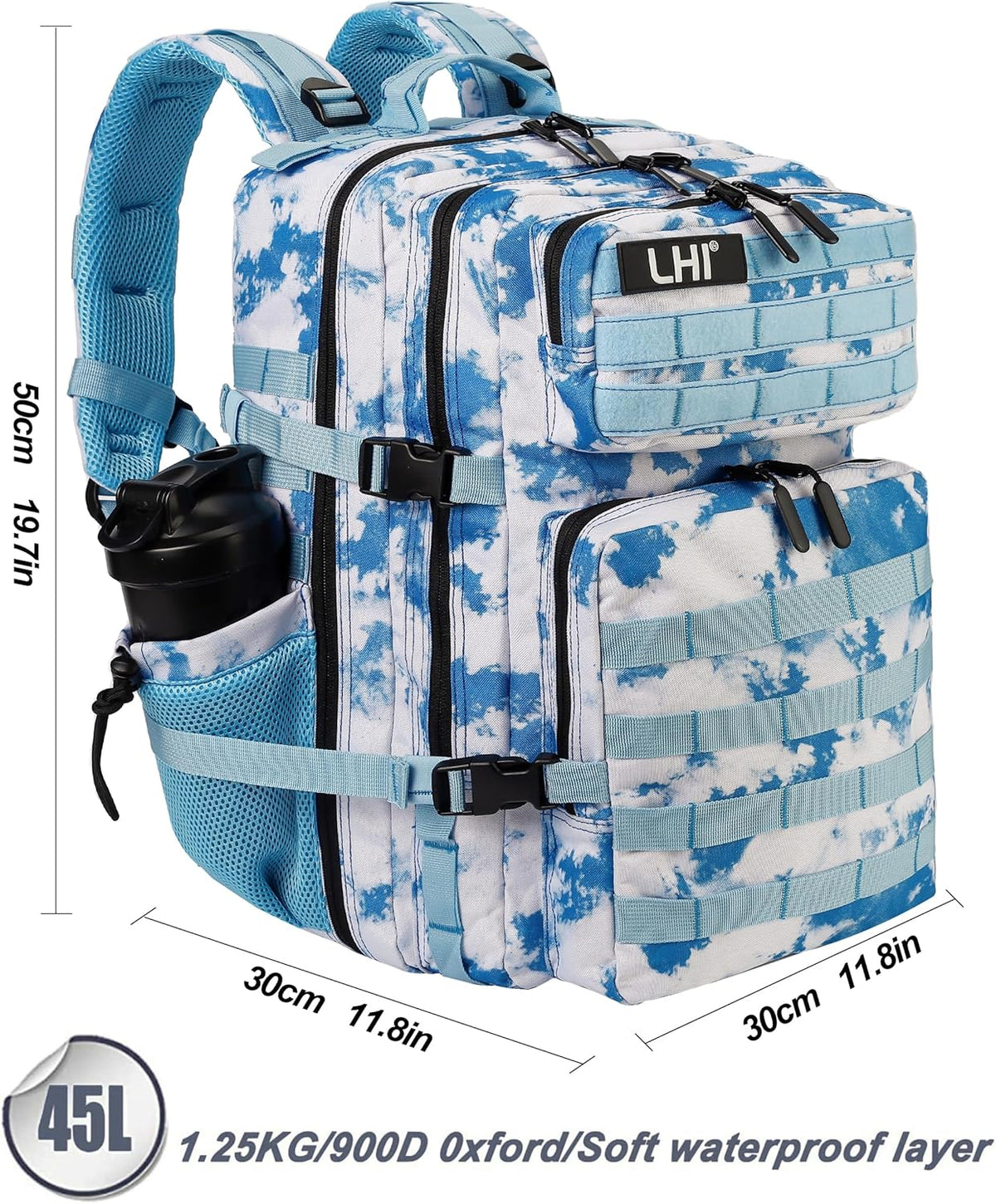 LHI Military Tactical Backpack for Men and Women 45L Army 3 Days Assault Pack Bag Large Rucksack with Molle System - Light blue tie-dye
