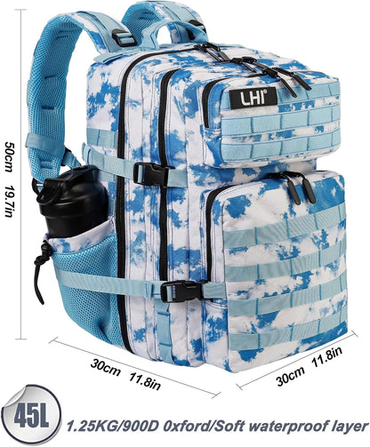 LHI Military Tactical Backpack for Men and Women 45L Army 3 Days Assault Pack Bag Large Rucksack with Molle System - Light blue tie-dye