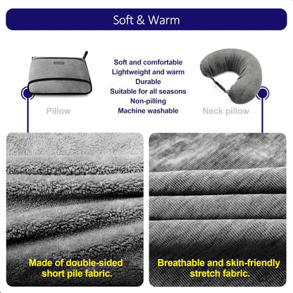 3-in-1 Travel Pillow Blanket Set - Soft Flannel Convertible Pillow, Blanket & Neck Pillow with Backpack Clip | Compact Travel Essentials for Airplane, Car, Office, Grey