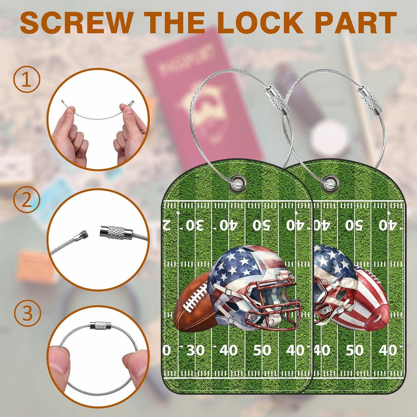 2 PCS Leather Luggage Tag for Suitcase Football and Helmet Travel Suitcase Labels with Privacy Name ID Label and Stainless Steel Loop for Adults Teens Travel Bag Labels Set